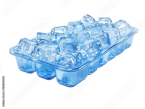 Clear ice cube tray with frozen cubes on black background