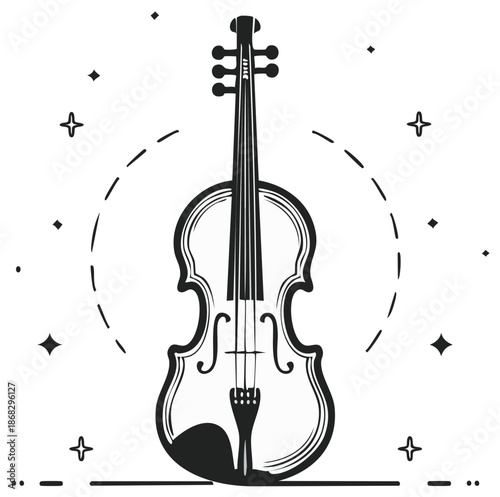 Silhouette illustration of a violin with stars and a circular design.