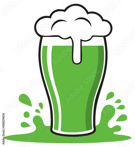 Green Beer Overflowing Glass with Foam and Splashes