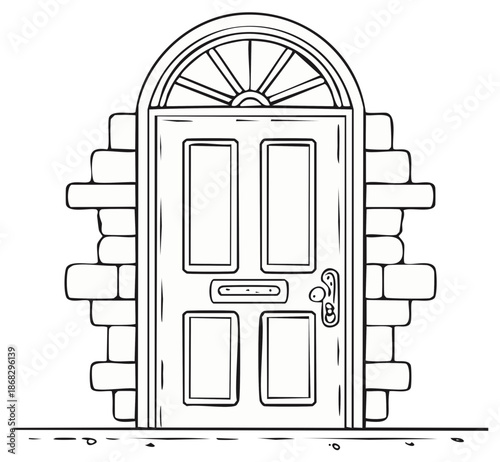 Black and white line art illustration of a traditional front door with an arched fanlight and brick frame