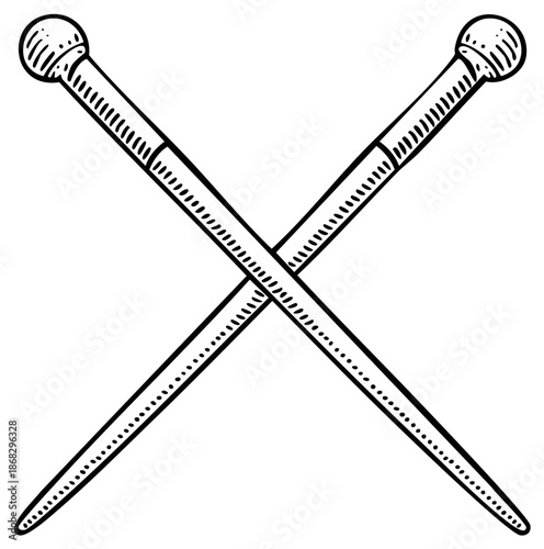 Two crossed sewing pins vintage hand drawn black and white illustration with round heads and sharp points