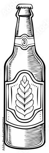 Vintage Style Beer Bottle Illustration with Leaf Emblem