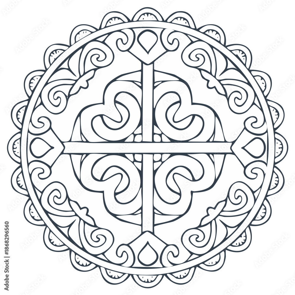 Fototapeta premium Elegant intricate circular mandala design with swirling patterns and a central cross for decorative art