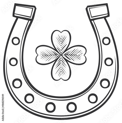 Lucky horseshoe and four leaf clover symbol for good fortune and luck