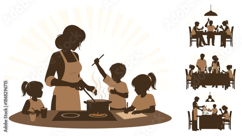 A woman and children cooking together in a kitchen with a pot on the stove and eating at a table with family in a warm and loving atmosphere with a sense of togetherness