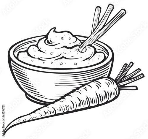 Creamy Dip in Bowl with Fresh Carrot and Utensils Line Art