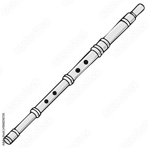 Simple Illustration of a Silver Colored Wooden Flute with Black Holes on White