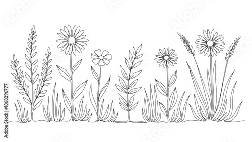 Continuous one line art illustration of a meadow with various plants and flowers, elegant vector drawing