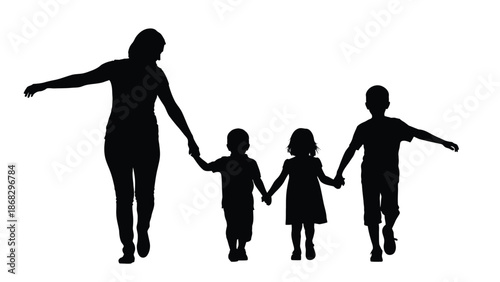 A woman leads three children hand in happy family bonding and togetherness on white background with silhouette and illustration and vector