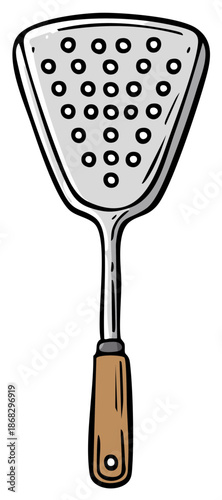 A perforated spatula with a wooden handle kitchen utensil illustration