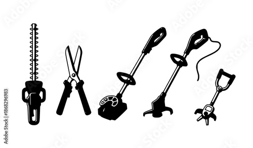 Cute Cartoon Garden Trimmer Icons Vector Set for Lawn and Backyard Care