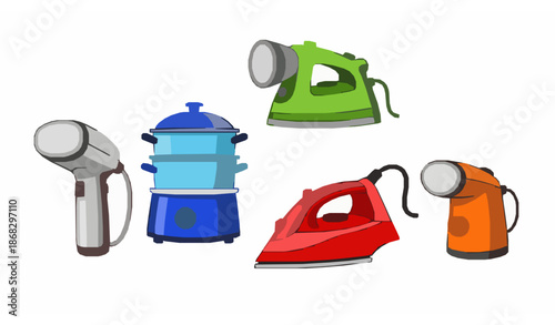 Cute Cartoon Steamer Icons Vector Set for Clothing, Food, and Home Appliances