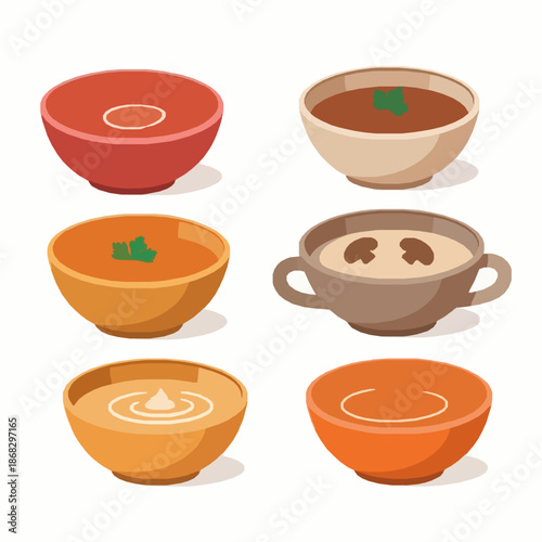 Cute Cartoon Soup Icons Vector Set for Meat and Vegetable Dishes