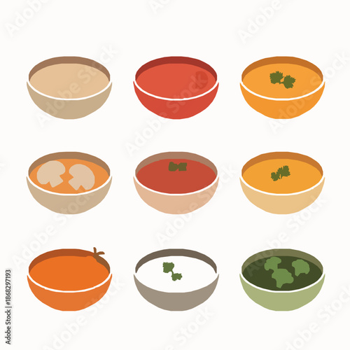 Playful Cartoon Cream Soup Vector Set with Meat and Veggie Bowls