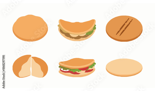 Cartoon Pita Bread Vector Icons Set for Web Design and Food Illustrations