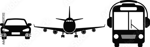 Transportation Vehicle Silhouette Icon Set Featuring Car, Airplane and Bus Front Views for Travel, Traffic and Logistics Design
