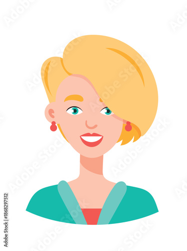 Woman with short blonde bob haircut wearing shirt, cute cartoon character. Flat vector clipart, illustration with isolated background.