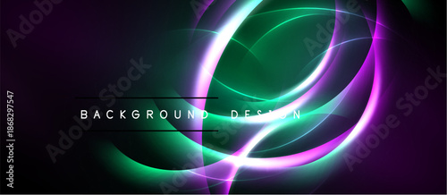 Abstract background features vibrant neon curves. Purple, green hues blend with dark space creating dynamic visual effect. Modern design element.