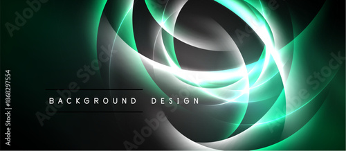 Abstract background features swirling green, white lines. Dark shades dominate design, creating dynamic visual effect. Modern, elegant presentation.