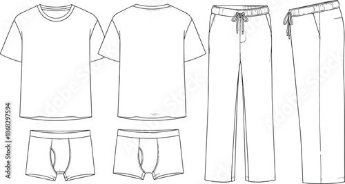 Men Basic Apparel Technical Drawing Set Showing T Shirt, Pants and Underwear Front Back Views for Fashion Design