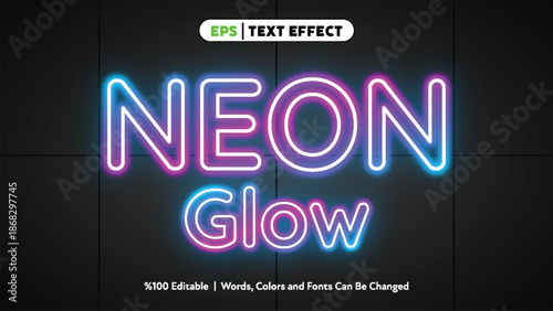 Colorful glowing neon text effect with blue and pink outline glowing letters on dark background editable eps vector art for creative graphic projects
