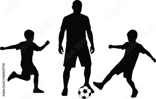 Soccer family silhouette showing father and children playing football together sports activity teamwork isolated white background illustration concept