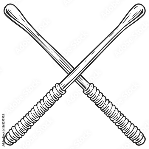Vintage monochrome illustration of two crossed percussion mallets or drumsticks
