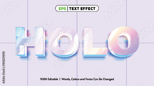 Soft pastel holographic letters spelling holo with translucent glass effect and subtle reflections on light purple grid background in vector art style