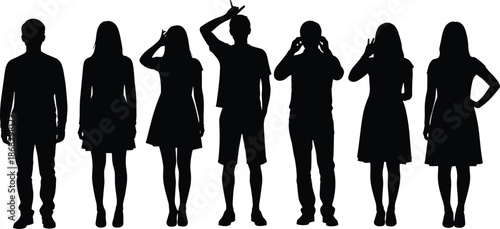 People silhouettes lineup with expressive gestures representing diversity emotions communication body language teamwork concept isolated white background illustration