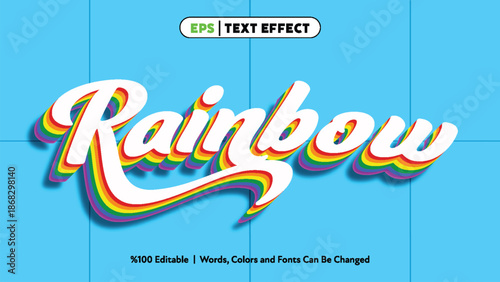 Colorful retro rainbow text effect with layered rainbow shadows on bright blue background for vibrant typography design vector art style