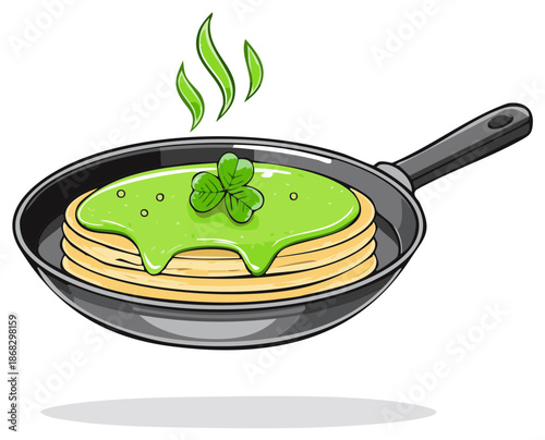 Stack of green pancakes with shamrock topping in frying pan with steam