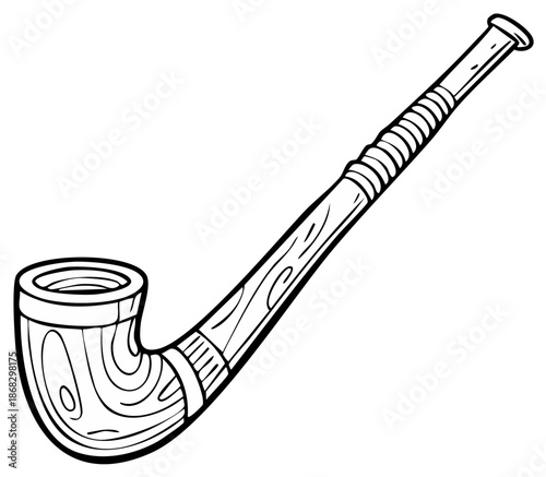 Classic wooden smoking pipe black and white line art illustration