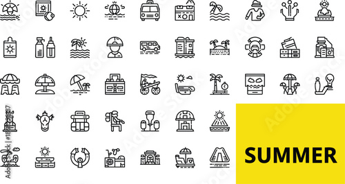 Diverse Summer Vacation and Travel Icons in Outline Style beach