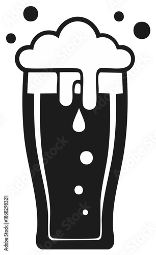 Iconic illustration of a refreshing frothy beer glass with effervescent bubbles and a drip of condensation