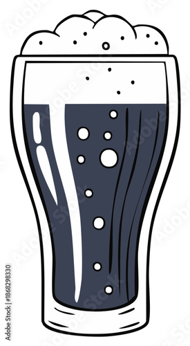 Illustrated tall glass of dark beer with frothy foam and sparkling bubbles an enjoyable refreshing drink