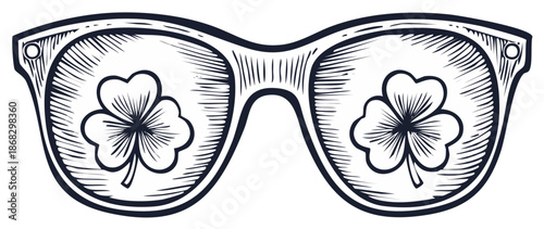 Stylish Sunglasses Reflecting Lucky Four Leaf Clovers in Sketch Style