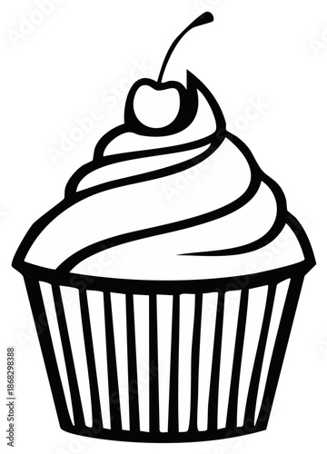 Sweet treat line art drawing of a delicious cupcake with a cherry on top and fluted wrapper detail