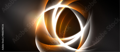 Abstract swirls, orange, white hues dominate. Dynamic composition creates luminous effect. Dark background emphasizes bright forms.