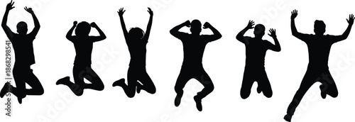 People jumping silhouettes celebrating success, happy men and women energetic poses, freedom joy lifestyle concept vector illustration black white