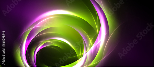 Abstract swirls, vibrant purple, green hues create dynamic energy. Light radiates from central point, forming captivating visual effect.