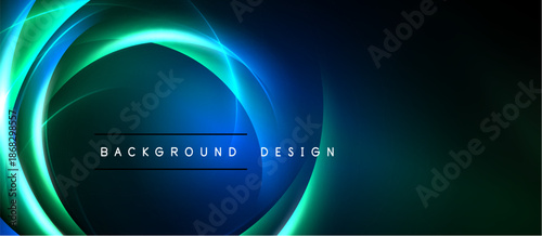 Abstract neon circles, vibrant blue, green hues. Dark background creates dramatic visual effect. Text reads background design.