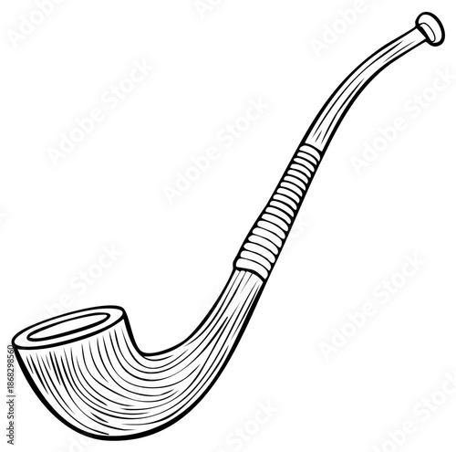 Detailed line drawing of a vintage smoking pipe, long stem with grooves, antique tobacco, line art