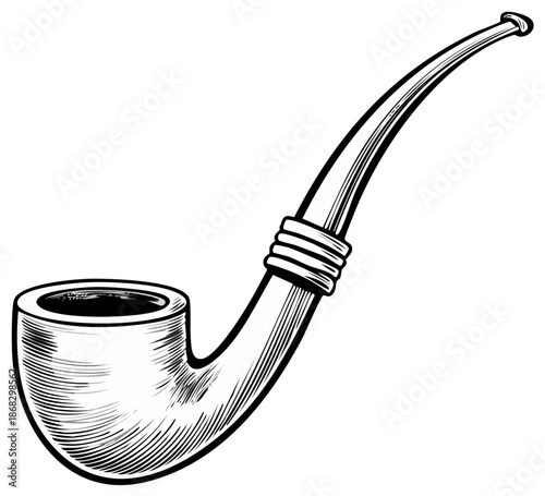 Traditional Tobacco Smoking Pipe Engraved Black and White Line Art
