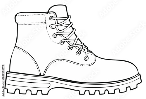 Black and White Line Art Illustration of a Lugged Sole Work Boot