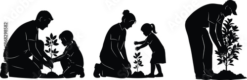 Parents and children planting trees together, family gardening activity, environmental education nature care concept vector illustration isolated black white background
