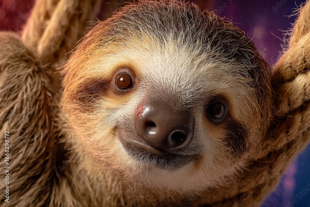 Obraz premium Sloth looking directly at the camera with a gentle expression against a colorful background