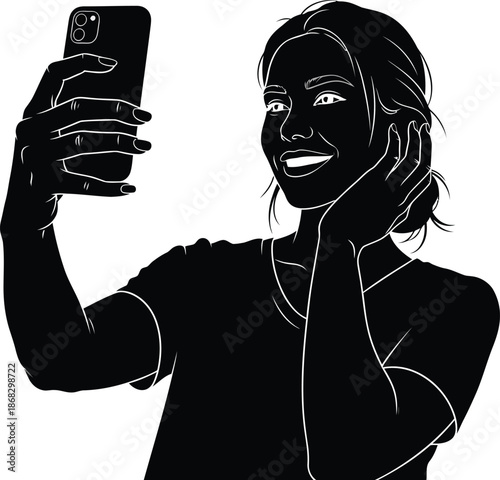 Woman taking a selfie with a smartphone depicted in a stark black and white style