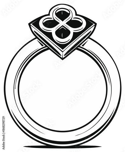 Simple Black and White Engagement Ring Illustration with Clover Design