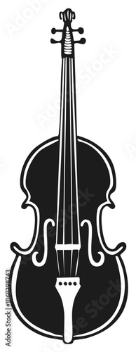 Stylized black and white silhouette of a cello, a classic string instrument.