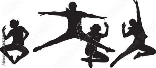 Silhouettes of dancers in various dynamic poses and movements